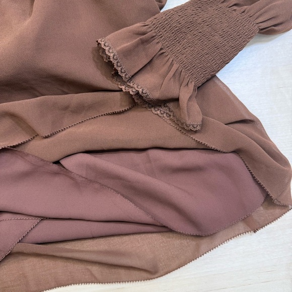 Wilfred Aritzia Emmylou Brown Cognac Square Neck Mini Dress Women’s 10 Chiffon - Picture 5 of 14